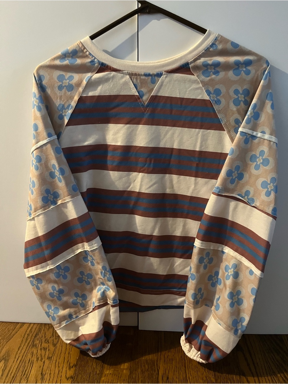 Striped & Floral Raglan Sweatshirt - Cream, Blue, Brown